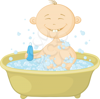 Cartoon, cheerful smiling child sitting in a bath with soap and holding a bottle of shampoo. Vector
