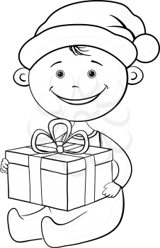 Cartoon baby in a Santa Claus hat with a holiday gift box, black contour on white background. Vector illustration