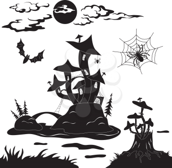 Halloween cartoon landscape: magic Castle - mushroom, spider, bat, grebes. Black contour on white background. Vector