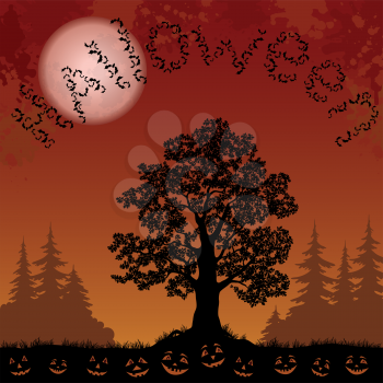 Halloween landscape with the inscription of bats, trees silhouettes, moon and pumpkins. Element of this image furnished by NASA, www.visibleearth.nasa.gov. Vector