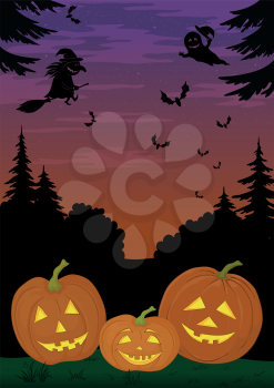 Holiday Halloween landscape with pumpkins Jack O Lantern and witches, ghosts and bats. Vector