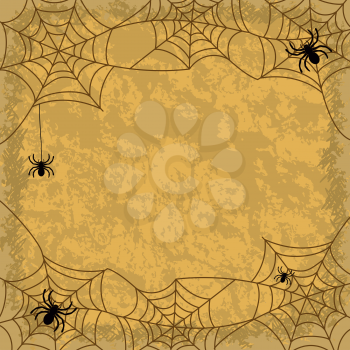 Holiday Halloween background, spiders, cobwebs and wall texture. Vector