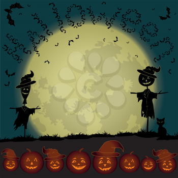 Halloween cartoon landscape with the moon, pumpkins Jack-o-lantern, scarecrows, cat and bats. Elements of this image furnished by NASA (www.visibleearth.nasa.gov). Vector