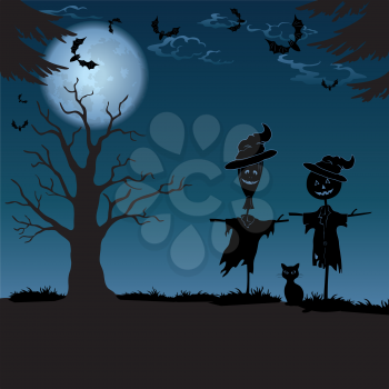 Halloween cartoon landscape with scarecrows, moon, tree and cat. Element of this image furnished by NASA (www.visibleearth.nasa.gov). Vector