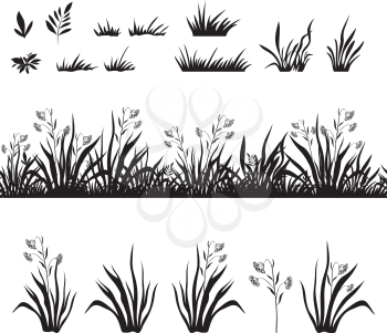 Seamless and set of grass and flowers, black silhouette isolated on white background. Vector