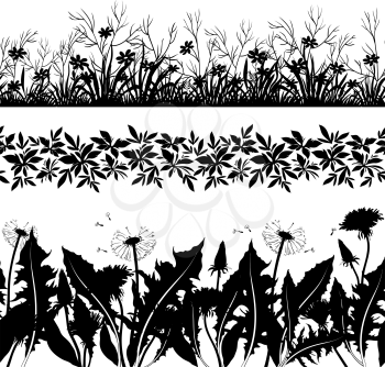 Set seamless of flowers and grass, black silhouette isolated on white background. Vector