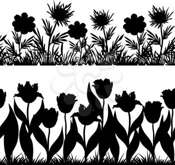 Set seamless of flowers and grass, black silhouette isolated on white background. Vector