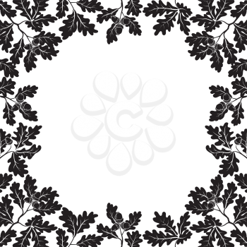 Background with a border of oak branches with leaves and acorns, black contours on white. Vector