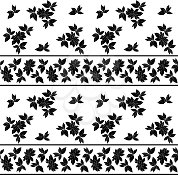 Seamless floral pattern: leaves, plants and lines, black silhouettes on white background. Vector