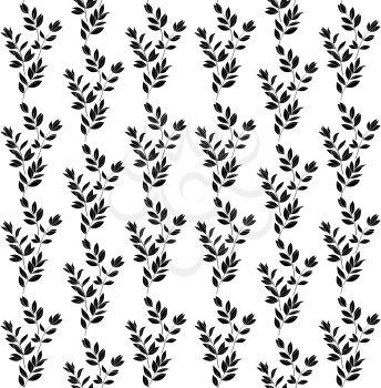 Seamless background, branches plants with leaves, black silhouettes on white background. Vector