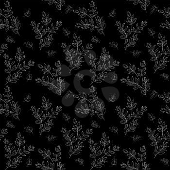 Seamless background, branches plants with leaves, white silhouettes black on background. Vector