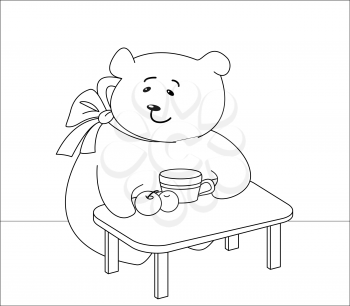 Teddy bear girl sits at a table, eats peaches and drinks juice, contours