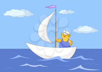 Teddy-bear seaman floats on a sailing vessel on the dark blue sea