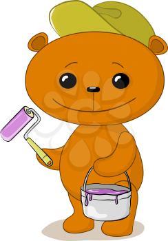 Cartoon toy teddy bear worker house painter with a tool and a bucket of paint. Vector