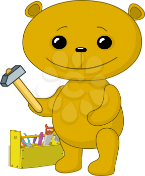 Cartoon toy teddy bear worker with hammer and toolbox. Vector