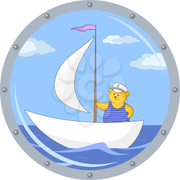 Window porthole with the review on the ship on which the teddy bear captains floats