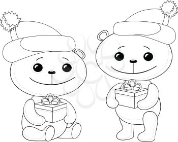 Teddy bears in caps with Christmas holiday gift boxes, contours. Vector