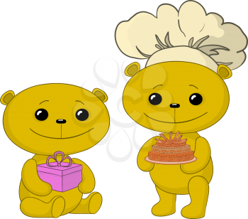 Toy teddy bears with holiday cake and gift box. Vector
