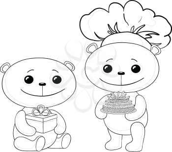 Toy teddy bears with holiday cake and gift box, contours. Vector