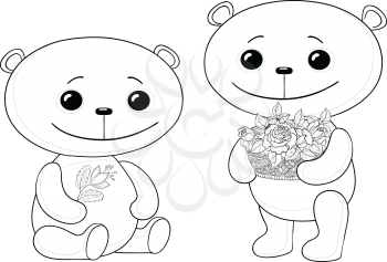 Cartoon toy teddy bears friends with flowers, contours. Vector