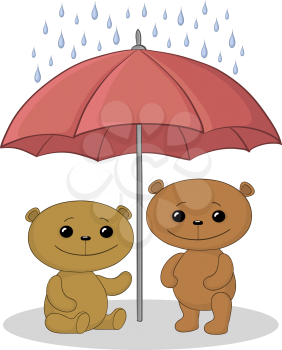 Two toy teddy bears an umbrella in the rain. Vector