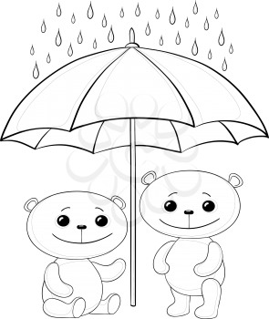 Vector, two toy teddy bears an umbrella in the rain, contours