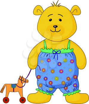 The teddy-bear in the clothes decorated with flowers plays with a toy horsy