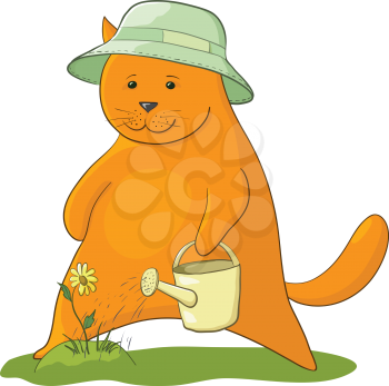 Cartoon cat gardener watering a flower from a watering can. Vector