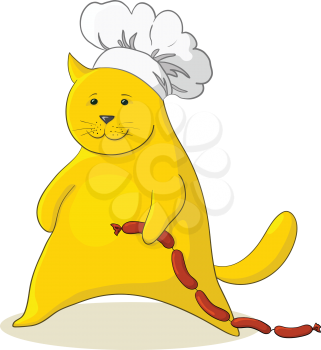 Cat cook in hat with meat sausages. Vector