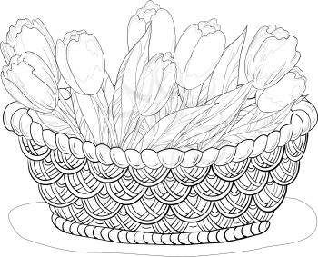Wattled basket with flowers lily and leaves, contours. Vector