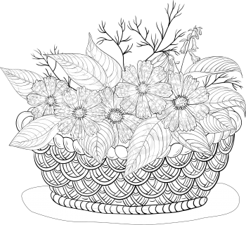 Wattled basket with flowers cosmos and leaves, black contours. Vector