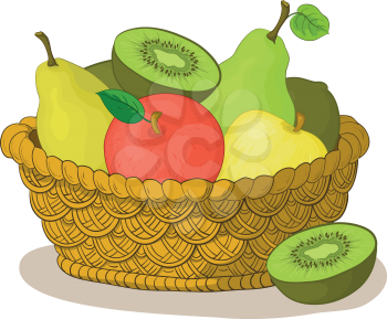 Still life, wattled basket with sweet fruits: apples, pears, kiwi. Vector