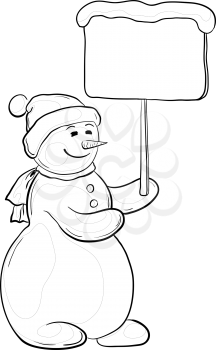 Cartoon, snowmen woman holds a poster for your text, contours. Vector