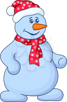 Christmas picture, snowball with a nose-carrot in a red cap and red scarf. Vector
