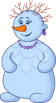 Christmas picture: snowball woman with a nose-carrot with a beads, ear rings and hair-branches. Vector
