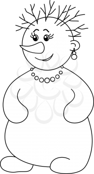 Christmas picture: snowball woman with a nose-carrot with a beads, ear rings and hair-branches. Contours. Vector