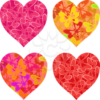 Set isolated Valentine holiday hearts with patterns of colorful butterflies. Vector