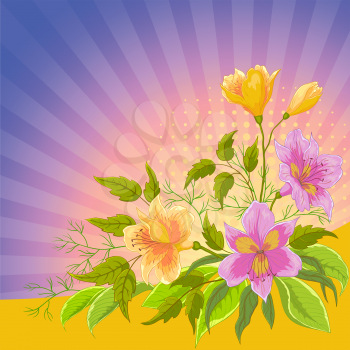 Flower vector background, tulips alstroemeria flowers and leaves and sun rays