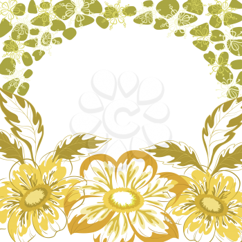 Floral background, dahlia yellow and green flowers and leaves on white. Vector