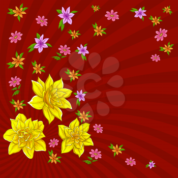 Floral background, pattern with flowers narcissuses and lines. Vector