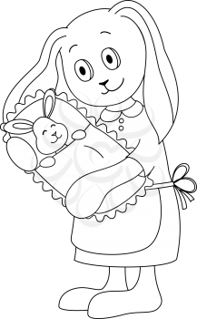 Cartoon rabbit mother holds on hands of a little hare - child. Picture about love and motherhood, black contours isolated on white background. Vector