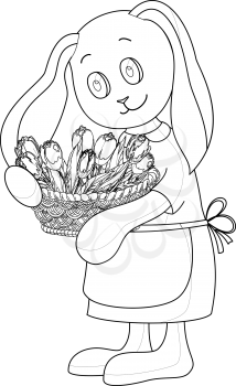Cartoon Rabbit Girl with Basket of Flowers Tulips, Contours. Vector