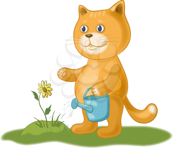 Cat gardener watering a flower from a watering can. Eps10, contains transparencies. Vector