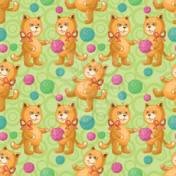 Seamless background, cats playing with balls of wool yarn. Eps10, contains transparencies. Vector