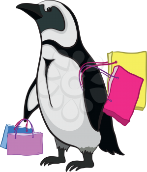 Antarctic emperor penguin with bags goes to the store to shop. Vector