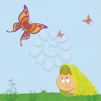 Vector cartoon, sad snail looks at butterflies and dreams of flying