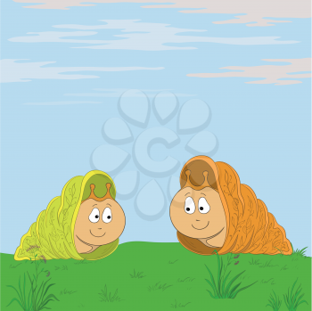 Two snails meet in the green summer meadow. Vector