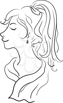 Beautiful young girl, sketch, monochrome black contours on white background. Vector