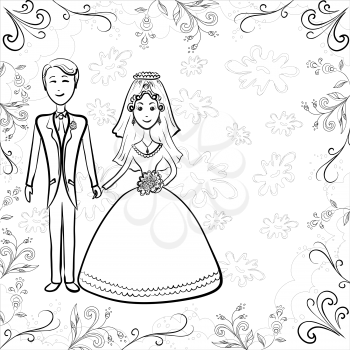 Cartoon, black contours, wedding, the bride and groom on a floral background. Vector