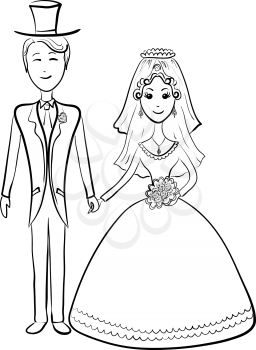 Cartoon, the bride and groom during the wedding ceremony, contours. Vector